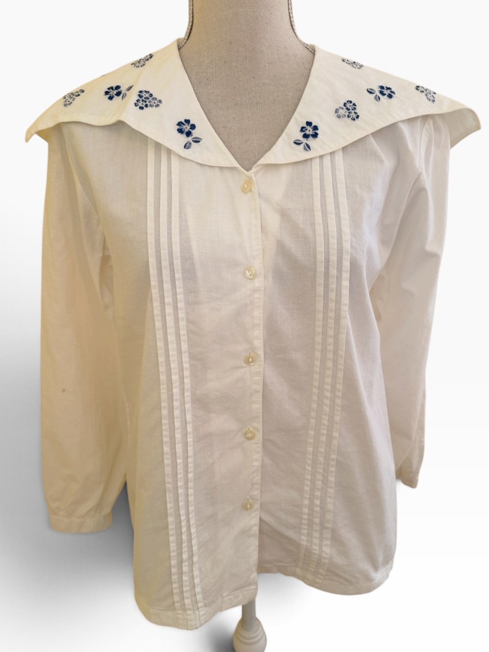 April Cornell Vintage White Cotton Embroidered Sailor Collar Button-Up Blouse 8